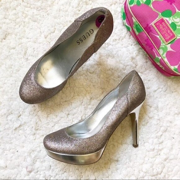 GUESS: Multicolored Rainbow Metallic Glitter Heels Platform Pumps Sz 8.5 - Picture 1 of 14